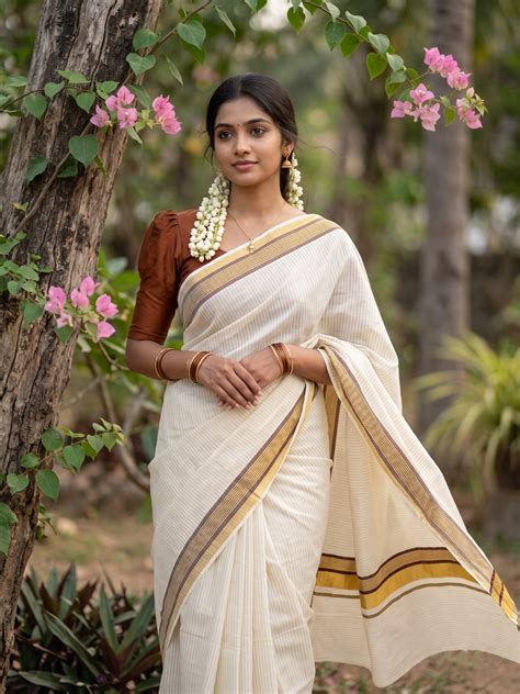 Southloom Kerala Cotton Kasavu Saree with Stripes on Body in Brown Bor ...