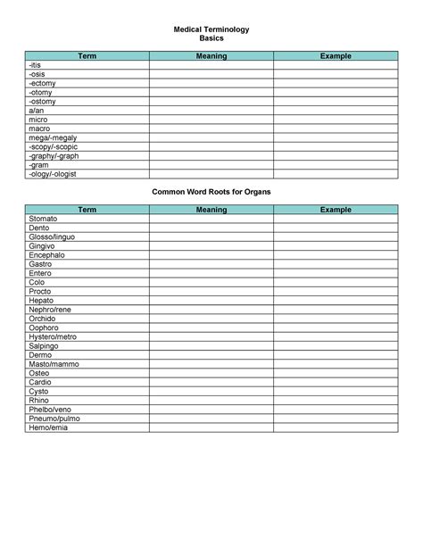 Medical Terminology student sheets - Basics Term Meaning Example -itis ...