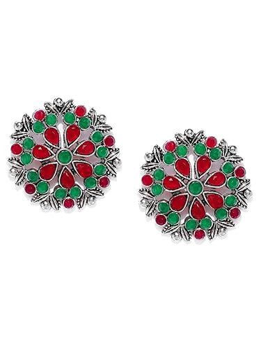 Zaveri Pearls Antique Silver Tone Floral Design Circular Stud Earring ...