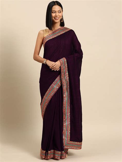 Buy Burgundy Embroidered Silk Blend Saree Online at Rs.2349 | Libas
