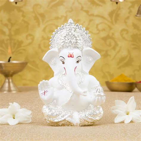 Silver Plated White Ganesha Idol for Car Dashboard | Gold Art India