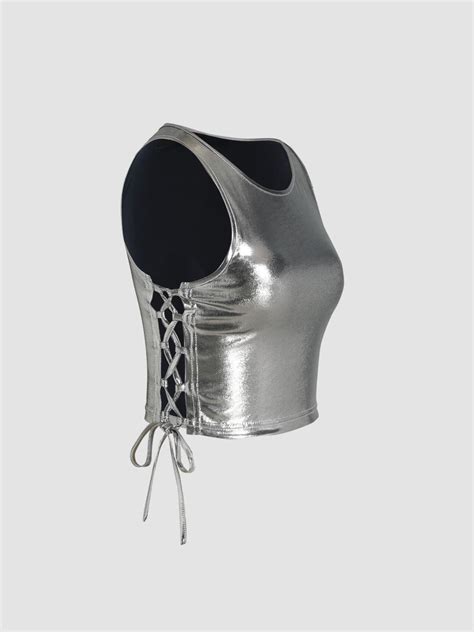 Metallic Metallic Round Neckline Lace Up Crop Top For Music Festival ...