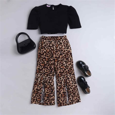 Shop Textured Puff Sleeve Crop Top And Animal Printed Slit Bell Bottom ...