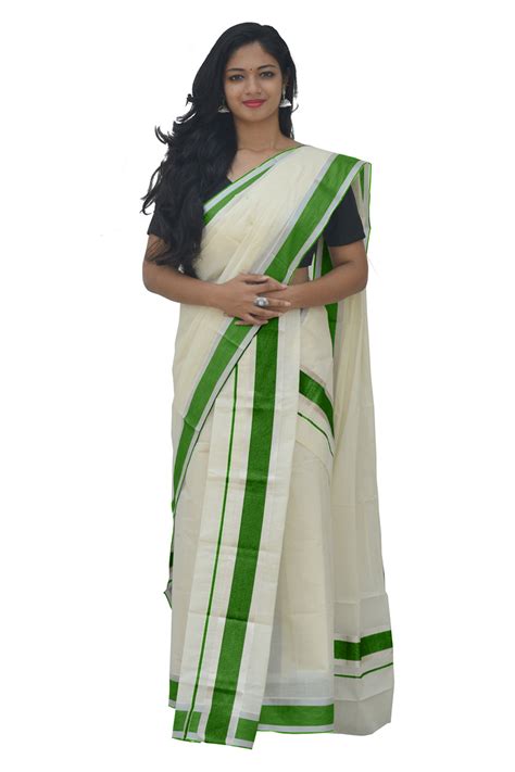 Mundum Neriyathum Single (Set Mundu) with Silver Kasavu and Green Bord ...