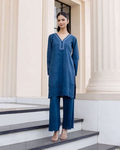 Shop Shrub Teal Blue Solid Cotton Schiffli Coord Set for Women Online ...