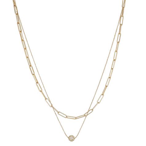 Nine West Gold Tone Crystal Chain & Ball Charm Double-Strand Necklace