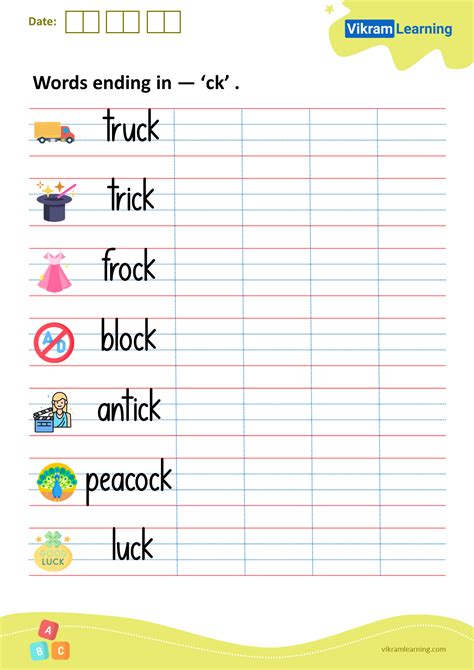 Download words ending in — ‘ck’ worksheets | vikramlearning.com