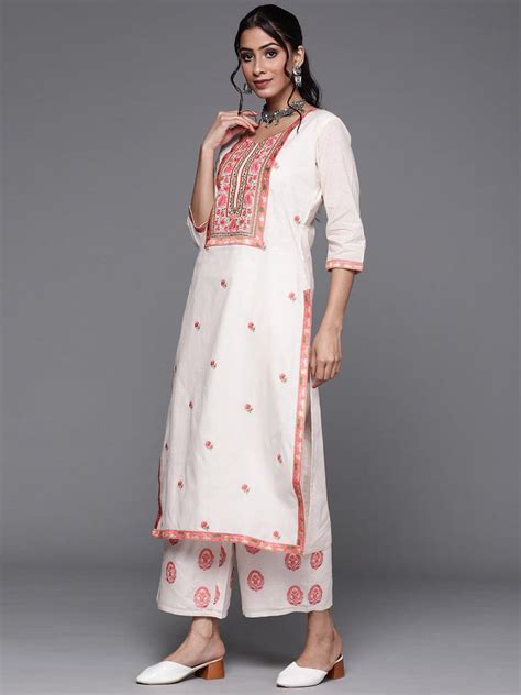 Buy Off-White Yoke Design Cotton Straight Kurta With Palazzos & Dupatta ...