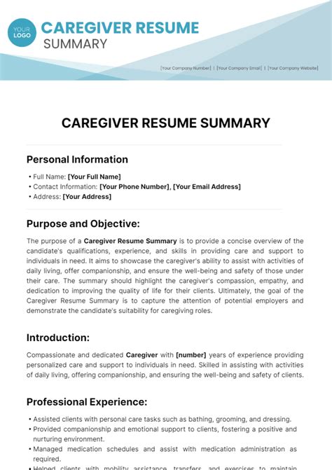 Free Caregiver Resume Summary Template to Edit Online