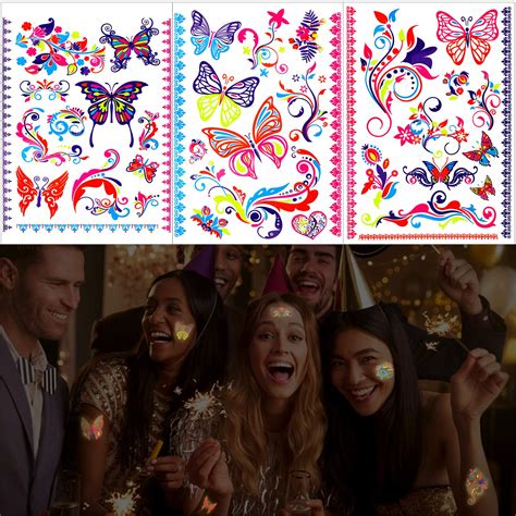 Konsait 160pcs Butterfly Tattoos UV neon Temporary Tattoos for Girl ...