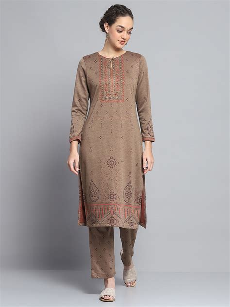 Buy Women Brown Self Design Round Neck Full Sleeve Kurti Set for Winter ...
