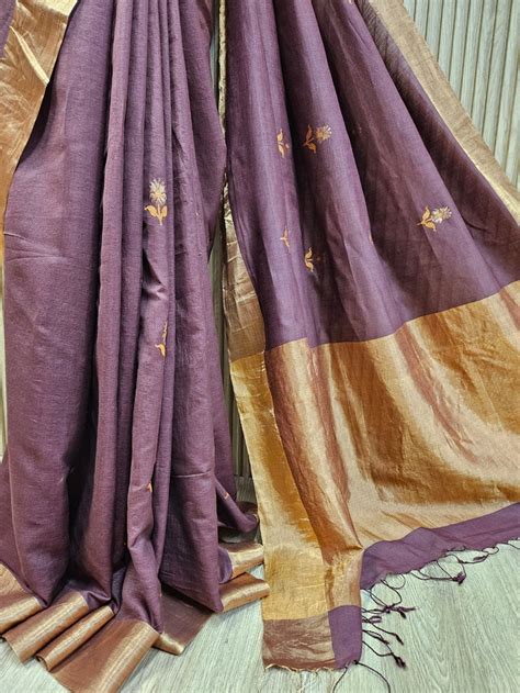 Plum & Golden Zari Handloom Soft Khadi Tussar Silk Saree – Balaram Saha