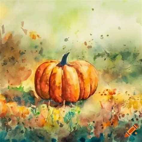 Watercolor painting of a pumpkin field