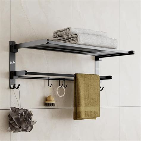 Gloxy Premium Towel Rack with Towel Rod & Hooks - Black Matte Finish ...