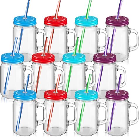 Amazon.com: Set of 12 Mason Jars with Handle 16 oz Mason Jar Mugs with ...