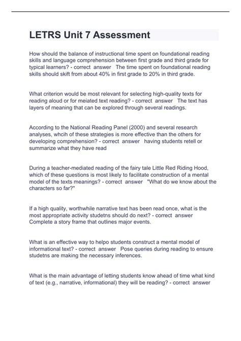 LETRS Unit 7 Assessment Question and answers 2023/2024 verified to pass ...