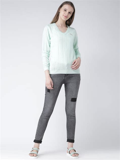 Women Teal Self Design Pullover