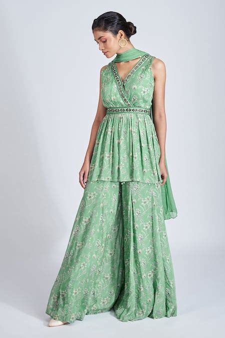 Buy Blue Chiffon Embroidery, Cut Work V-neck Botanical Print Kurta And ...