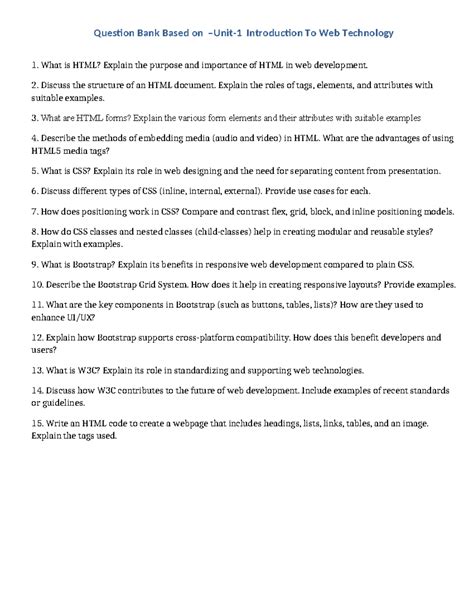 Question Bank for Unit-1 (WT): HTML, CSS, and Bootstrap Concepts - Studocu