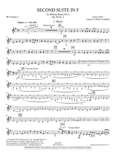 Second Suite in F (arr. Robert Longfield) - Bb Clarinet 3 by Gustav ...