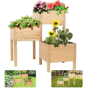 3 Tier Wooden Raised Garden Bed with Legs - Raised Planter Boxes ...