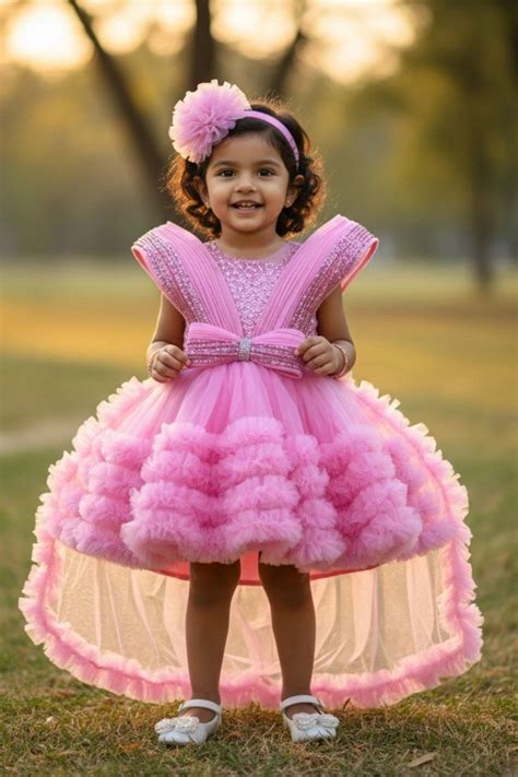 Pink Party Frock With Layered Ruffles And Statement Bow and Tailback F ...