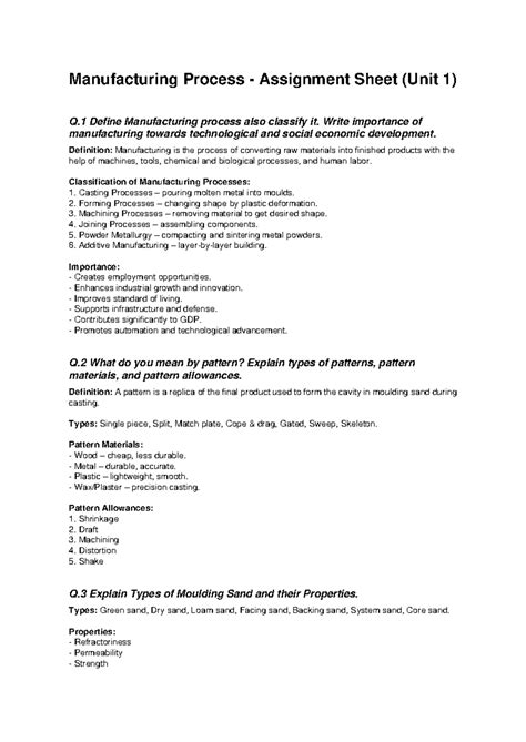 Manufacturing Process Assignment (Unit 1): Definition & Classification ...