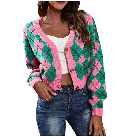 Women's Cropped Sweater Cardigans Fashion Loose Argyle Plaid Coat Long ...