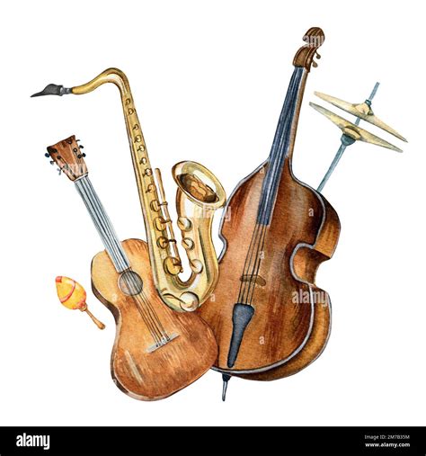 Composition of guitar, saxophone, contrabass musical instruments ...