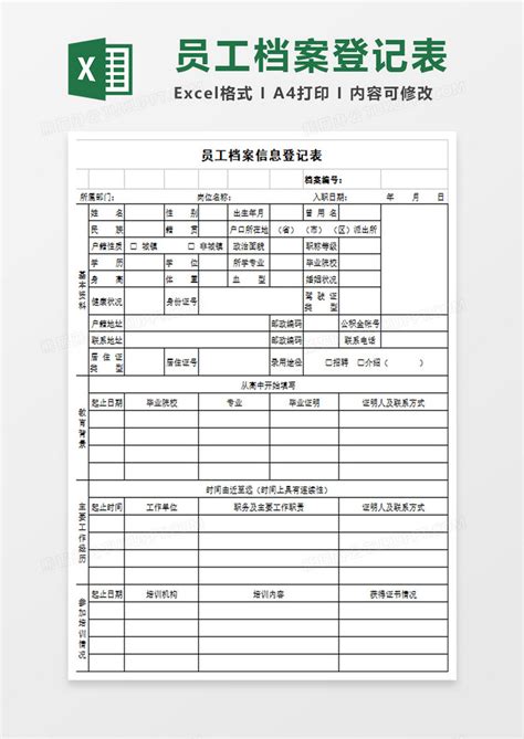 在职人员信息登记表表Excel模板下载_人员信息_熊猫办公