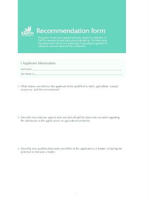 2012 Form CR EARTH University Recommendation Letter - Blank Fillable ...