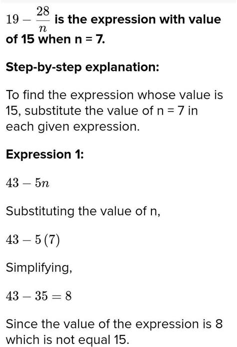 Which expression has a value of 15 when n = 7? 43 minus 5 n 3 n minus 5 ...