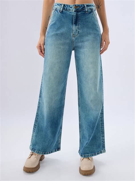 Spykar Vintage Blue Wide Leg Mid Rise Jeans For Women