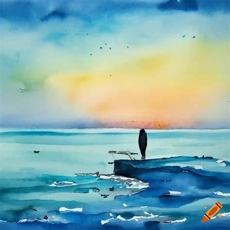 Meticulous watercolor painting of a person alone on a wide sea on Craiyon