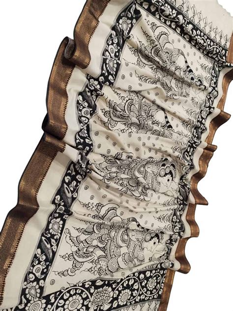 Stunning Black & White Kalamkari Hand Painted Silk Dupatta