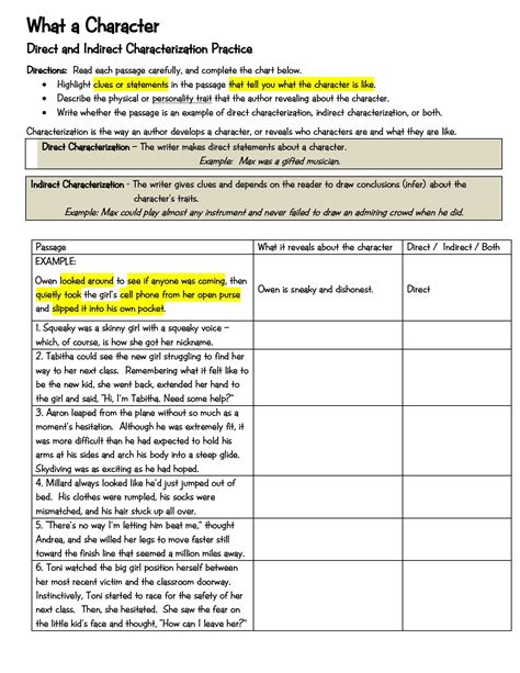 Direct and indirect characterization worksheet – Artofit
