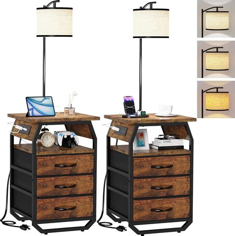 runjuly Floor Lamp with Table Set of 2, End Tables with Lamps Attached ...