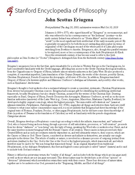 John Scottus Eriugena (Stanford Encyclopedia of Philosophy) - Stanford ...