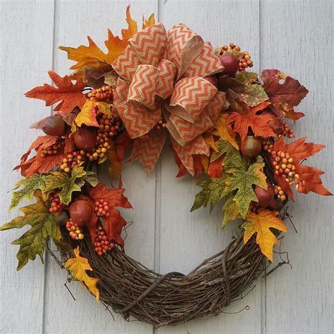 Fall Grapevine Wreath with Burlap Orange or Green Chevron or | Fall ...