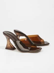 8.5cm Square Toe Brown High Heel Transparent Mule Sandals, Asymmetric ...