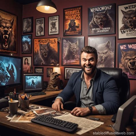 Proud male video editor at his werewolf-themed TV show desk | Stable ...
