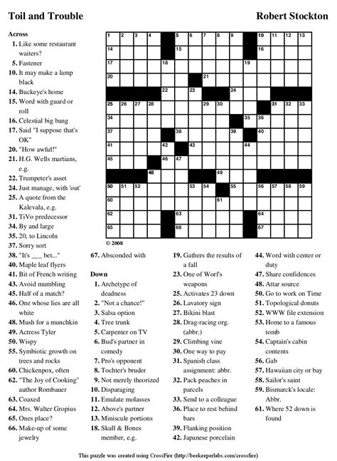 Free Crossword Puzzle #71: \"Toil and Trouble\" | Beekeeper Crosswords
