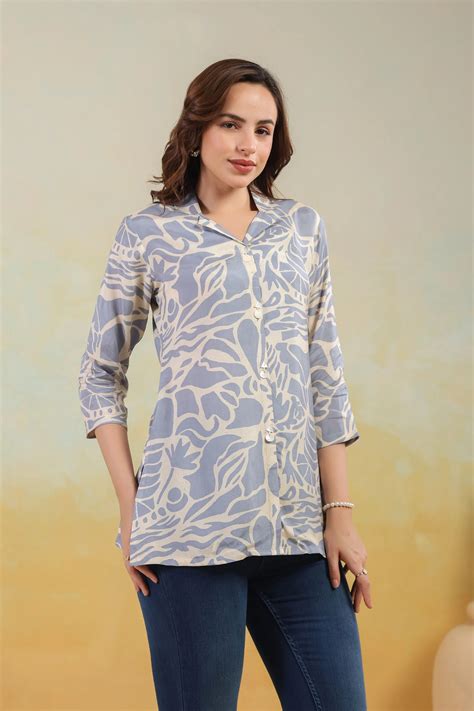 Cream & Grey Abstract Printed Tunic in Russian Silk – Kaftanize