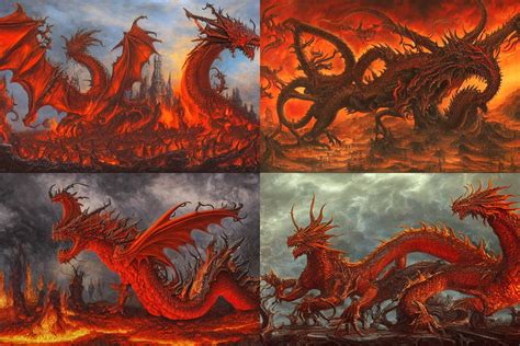 a great fiery red dragon with 7 heads wearing crowns, | Stable Diffusion