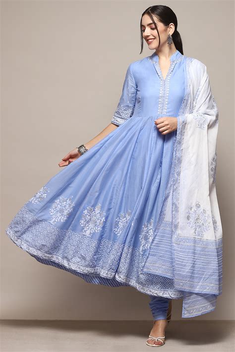 Buy Powder Blue Cotton Anarkali Printed Kurta Churidar Suit Set Online ...