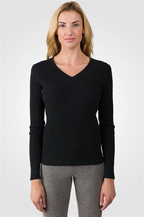 Black Cashmere Cable-knit V-neck Sweater front view [ JCashmere.com ...
