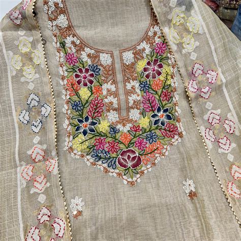 Ivory Gold Mal Chanderi Cotton Suit Set – Multicolor Hand Embroidered ...
