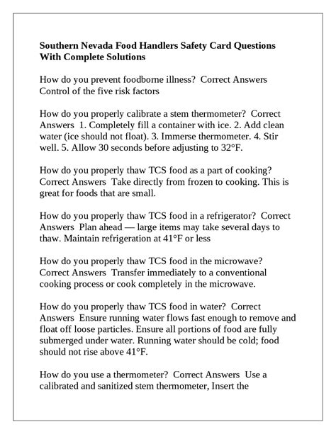 Southern Nevada Food Handlers Safety Card Questions With Complete ...