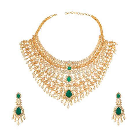 Buy KUSHAL'S Fashion Jewellery Green Gold Polished Zircon Necklace Set ...