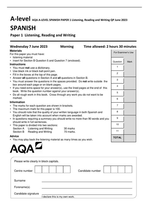 AQA A-LEVEL SPANISH PAPER 1 Listening, Reading and Writing QP June 2023 ...